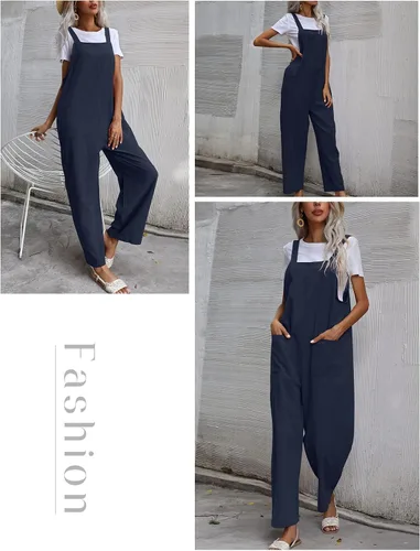Vista 3 de Flygo Overol casual de verano de algodón para mujer, pierna ancha, holgado, con bolsillos