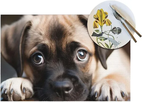 Vista 5 de 6 PCS PVC Placemats Set Place Mats Cute Puppy with Big Eyes Non-Slip Weave Place Mats 12" x 18" Farmhouse Table Mat Set for Family Dinners Wedding