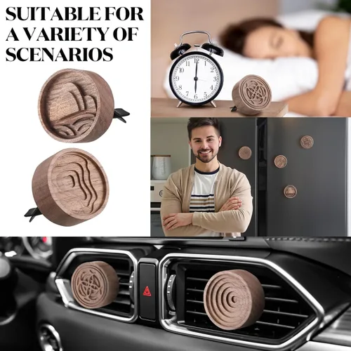 Vista 7 de Teenyyou Difusor pasivo de aromaterapia de madera, 4 unidades, con clip de ventilación, ambientador redondo de madera de nogal, regalos de invierno