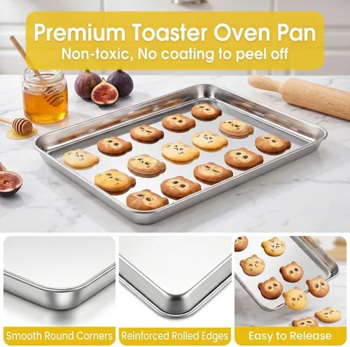Vista 4 de TeamFar Juego de 2 sartenes para horno tostador, de acero inoxidable, 12.5 x 9.5 x 1 pulgadas, no tóxicas y saludables, sin óxido y acabado espejo