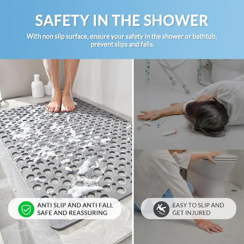 Vista 3 de Tapete antideslizante para bañera y ducha, 30 x 17 pulgadas, tapete de baño suave con ventosas y agujeros de drenaje más grandes, lavable a máquina