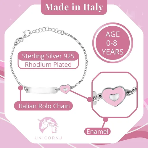 Vista 3 de UNICORNJ Pulsera de plata de ley 925 grabable con cadena Rolo para niñas con esmalte rosa de 6.5 pulgadas