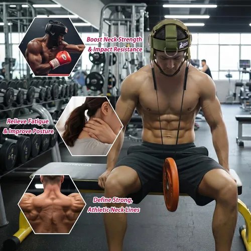 Vista 7 de Arnés de cuello ajustable con sistema de polea y bandas de resistencia, entrenamiento multidireccional de levantamiento de pesas para el cuello