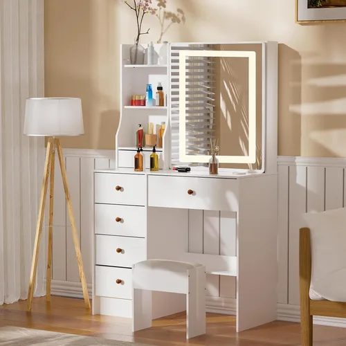 Vista 6 de JBLCC Escritorio de tocador con espejo LED deslizante y luces, juego de tocador blanco con taburete y cajones, brillo de luz de 3 colores ajustable