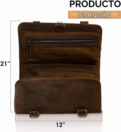 Vista 3 de KomalC Neceser Colgante de Cuero de Búfalo Premium para Viaje Kit Dopp desgastado bronceado