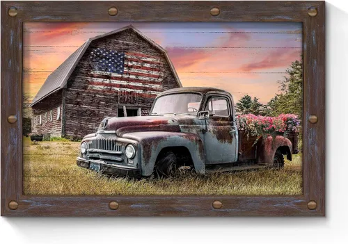 Vista 12 de SunFlax Arte de Lienzo de Pared de Carro Oxidado: Obra de Arte de Camión Azul Viejo Cuadro Rústico de Automóvil Pintura Vintage de Campo Antigua