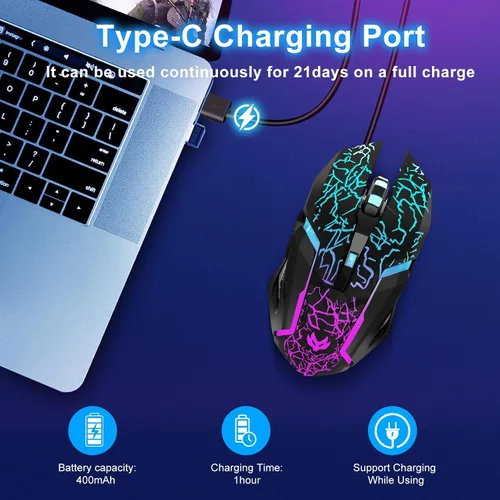 Vista 4 de Mouse inalámbrico para juegos, mouse inalámbrico recargable con carga rápida tipo C, mouse ergonómico con 3 DPI ajustables, 6 botones silenciosos