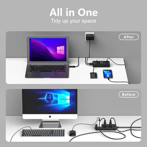 Vista 7 de Hub USB alimentado, divisor de concentrador de datos USB de 14 puertos con 6 puertos USB 3.0, 4 puertos de carga, 1 puerto de datos USB-C 3.0, 1