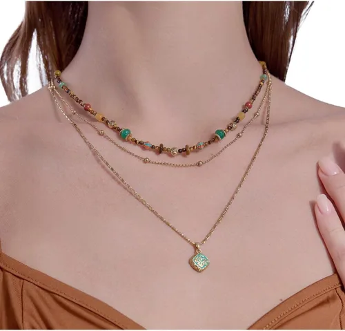Vista 3 de Boho en capas Diseño original Estilo retro collar de cuentas multicapa Collar chapado en oro para mujer de moda M3396