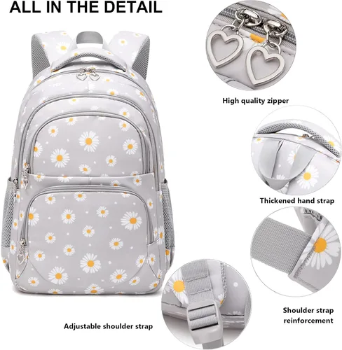 Vista 24 de goldwheat Mochilas impresas margaritas con paquete de almuerzo, estuche de lápices 3pcs, bolsa ligera resistente al agua para la escuela secundaria