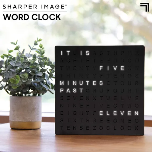 Vista 2 de Sharper Image Reloj Digital de Palabras LED, 7.75", Acabado Negro, Reloj de Escritorio y Pared Iluminado, Pantalla de Tiempo Moderna, Estante