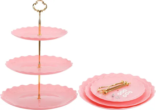 Vista 4 de Tosnail Paquete de 3 bandejas de plástico rosa para cupcakes de 3 niveles, soporte para postres con barra dorada de 3 estilos, bandejas de servir