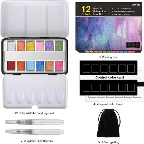 Vista 9 de Emooqi Juego de pinturas de acuarela, pintura sólida de acuarela con purpurina metálica, incluye 12 colores metálicos con purpurina, 2 pinceles