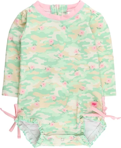Vista 20 de RuffleButts - Traje de baño de una pieza con protección solar UPF 50+, camiseta de protección floral estampado, manga larga, con cierre zipper