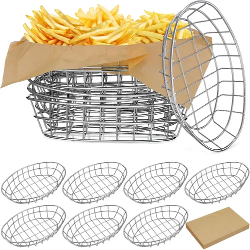Vista 10 de Hushee 12 cestas de pan de alambre a granel de 9.5 x 6.2 x 2.2 pulgadas, cestas ovaladas de metal para mesa servir fruteros con 50 forros de papel a