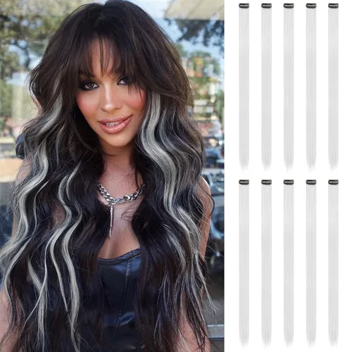 Vista 26 de FESHFEN Juego de 12 extensiones de cabello con clip, color negro, con clip, con purpurina, kit de accesorios coloridos para mujeres, de 20 pulgadas