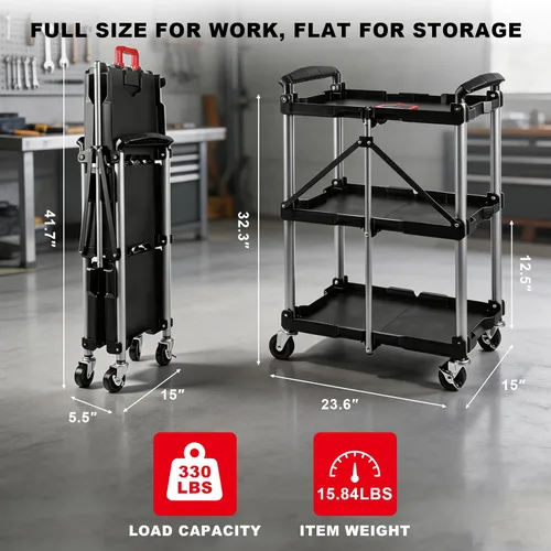 Vista 3 de BIG RED Folding Collapsible Service Cart, 3-Tier Utility Foldable Tool Cart