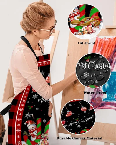 Vista 4 de Christmas Bib Aprons with Pockets Waterproof, Adjustable Apron for Men Women Joy Xmas Tree Snowman Winter Snowflake Red Black Plaid