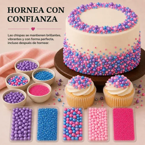 Vista 9 de Confect Gránulos decorativos para tartas Mezcla de grageas rosa intenso, rosa bebé y morado Azúcar brillante azul profundo Gránulos