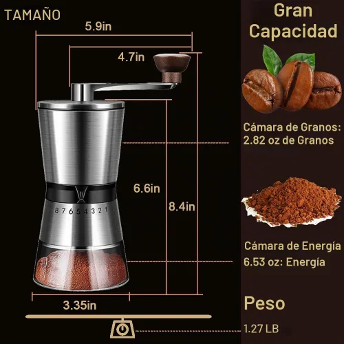 Vista 5 de Molinillo de café manual de precisión para uso doméstico, 8 ajustes de grosor ajustables, con cerámica universal para viajes y campamento Blanco