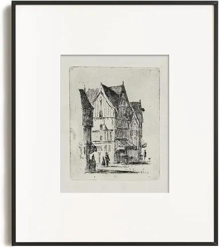 Vista 8 de Dibujo de Edificios de Ciudad en Estilo Rústico en Gris - Grabado de Arquitectura Urbana en Poster - Arte de Pared Vintage de Granja - Bosquejo Gris
