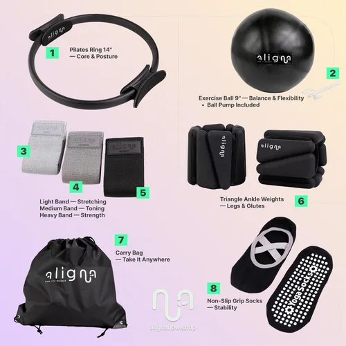Vista 2 de Kit Esencial de Pilates Aligna Set Completo para el Hogar para Equilibrio, Flexibilidad y Fuerza Set de 8 Piezas con Anillo de Pilates