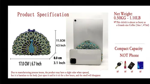 Vista 2 de Boutique De FGG Bolsos de mano con diamantes de imitación de pavo real para mujer, bolsos de noche para bodas, fiestas, bolsa de mano de cristal