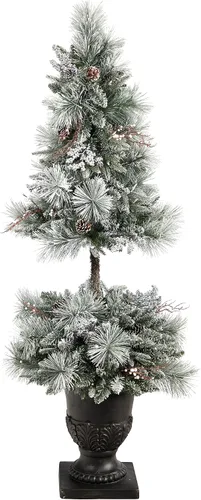 Vista 3 de Nearly Natural Árbol de Navidad artificial flocado de 5 pies con 100 luces LED y 186 ramas flexibles en urna decorativa