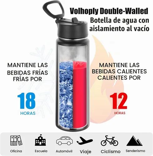 Vista 3 de Volhoply Botella de agua aislada de 24 onzas con tapa con popote, botellas deportivas de boca ancha de acero inoxidable con asa, tazas de vacío