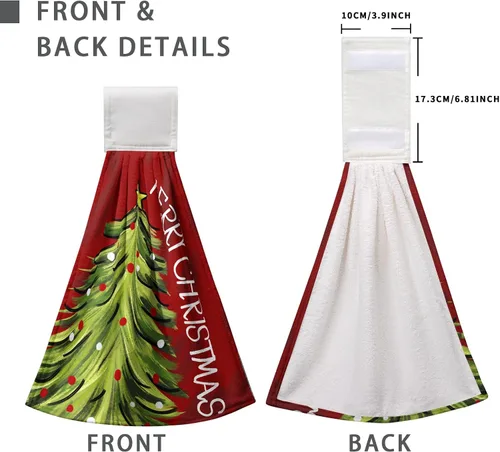 Vista 6 de Toallas de cocina colgantes con diseño de árbol de Navidad, color rojo y verde, toalla de mano de Navidad con lazo para colgar, toallas de cocina