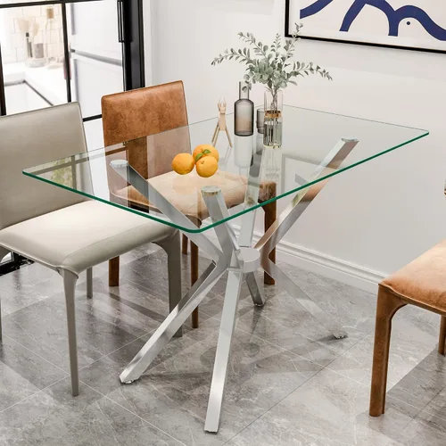 Vista 11 de Mesa de Comedor Moderna de Vidrio Templado Mesa de Cena, Mesa de Cocina Rectangular con Patas de Metal Resistentes, Diseño Minimalista