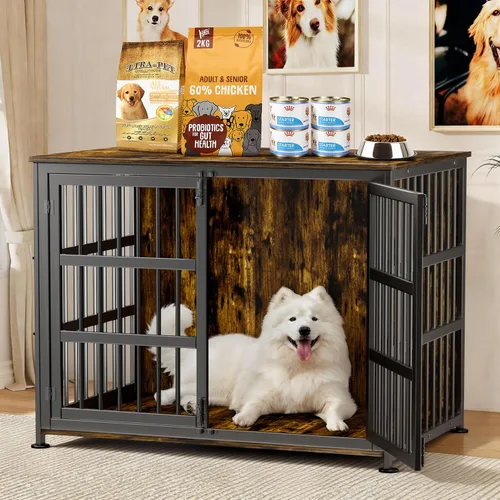 Vista 14 de Jaula para perros de 26 pulgadas, jaulas para perros de razas grandes, jaulas para perros interiores de madera, mesa auxiliar, jaula combinada
