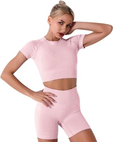 Vista 2 de Conjuntos de 2 piezas sin costuras para yoga y entrenamiento - con ombliguera de manga corta y pantalones cortos de tiro alto para correr