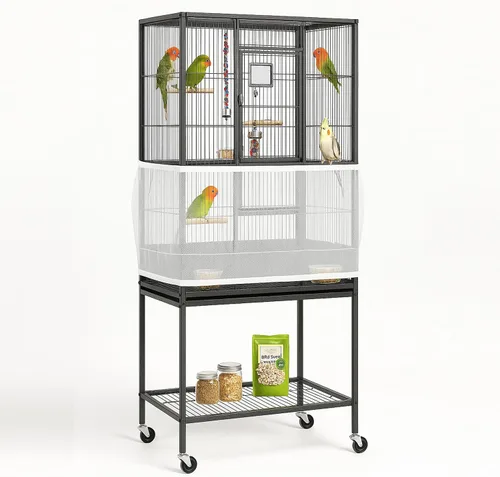 Vista 11 de Jaula universal para pájaros, atrapasador de semillas, cubierta universal de malla elástica para jaulas de animales pequeños, protector duradero