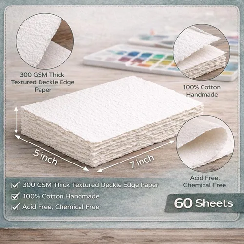 Vista 2 de 60 hojas de papel de acuarela de algodón blanco de 300 GSM, borde texturizado de 5 x 7 pulgadas, ideal para invitaciones de boda, acuarelas 60 Piezas