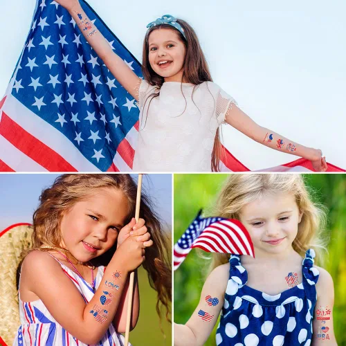 Vista 4 de Decoraciones del 4 de julio, tatuajes temporales, 8 hojas impermeables para el Día de la Independencia, tatuajes falsos adhesivos patrióticos