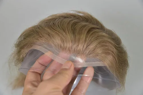 Vista 2 de Voloria Toupee para hombres 100% cabello humano europeo suizo frente encaje frontal natural piezas de cabello 0.003 in piel fina PU V-looped sistema