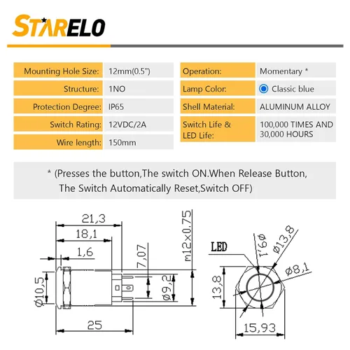 Vista 2 de STARELO 5 piezas Interruptor de botón LED momentáneo de 12 mm con carcasa negra y pre-cableado, interruptor de botón a prueba de agua IP65, 1NO 1