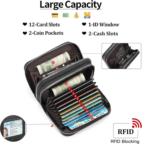Vista 3 de RNIEGA Cartera pequeña de piel con bloqueo RFID para tarjetas de crédito, cartera pequeña para mujer, doble cremallera con ventana de identificación