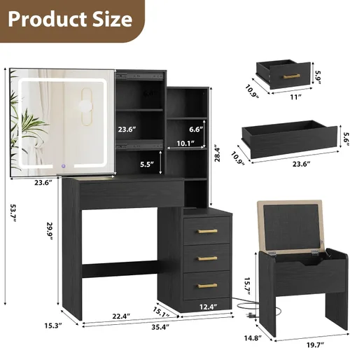 Vista 7 de GarveeHome Makeup Vanity Desk with Sliding Mirror, Vanity Dressing Table with 3 Color Adjustable Lights, Girls Vanity Set with Stool, 4 Compact