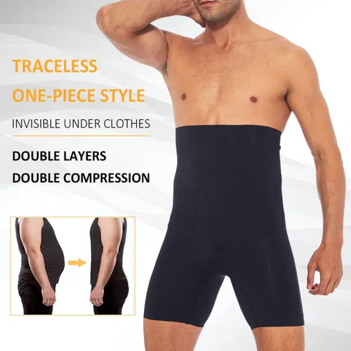 Vista 2 de Pantalones cortos moldeadores para hombre con control de abdomen, cintura alta, ropa interior adelgazante, sin costuras, faja moldeadora de cuerpo