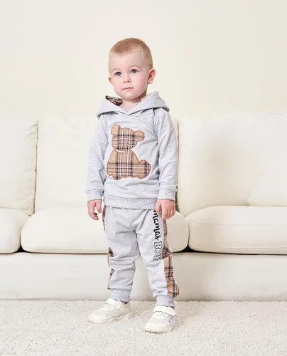 Vista 2 de Ropa de bebé niño a cuadros con capucha de manga larga con capucha y pantalones de retazos, ropa de invierno para niño