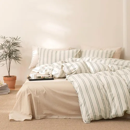 Vista 25 de VM VOUGEMARKET - Juego de funda de edredón a cuadros de tamaño individual XL, ropa de cama de color verde, gris y naranja, algodón lavado, con 2