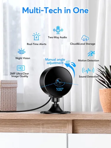 Vista 2 de Cámara de seguridad interior Elelink 2K 3MP, detección de movimiento y sonido, alertas en tiempo real, audio bidireccional, funciona con Alexa