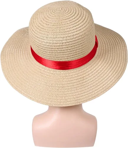 Vista 2 de Sombrero de paja con cuerda para disfraz de cinta roja, sombreros de sol para Halloween, accesorios de cosplay