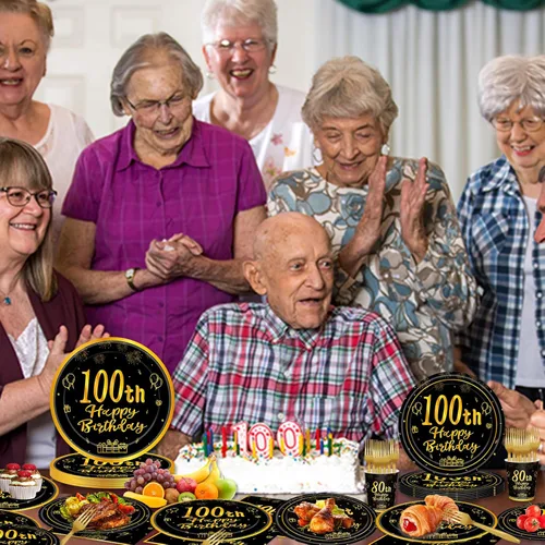 Vista 4 de 120 piezas de suministros para fiesta de cumpleaños número 100, platos, servilletas, vasos, tenedores, juego de vajilla desechable con temática