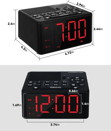 Vista 7 de Reloj de alarma digital con radio AM/FM, preajustes, alarmas duales, alarma de días laborables/fines de semana, función de repetición, temporizador