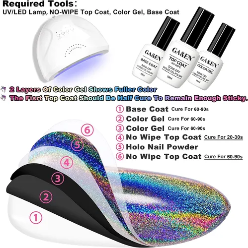 Vista 2 de GA&EN Polvo holográfico de esmalte de uñas fino arco iris holográfico Holo unicornio espejo efecto láser, pigmento de manicura multicromado, polvo