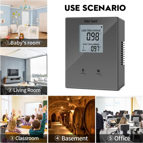 Vista 7 de Detector de radón para el hogar, medidor de radón portátil, monitor de radón a largo y corto plazo, alimentado por batería, previene niveles Gris