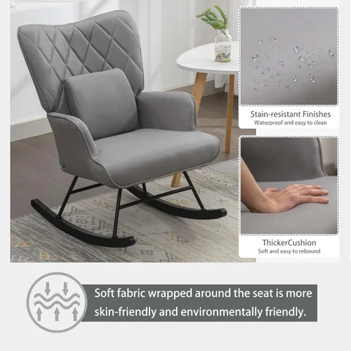 Vista 4 de Mecedora tapizada moderna con otomana, 2 piezas, deslizador de respaldo alto para guardería, sala de estar o dormitorio, cómodo sillón con soporte